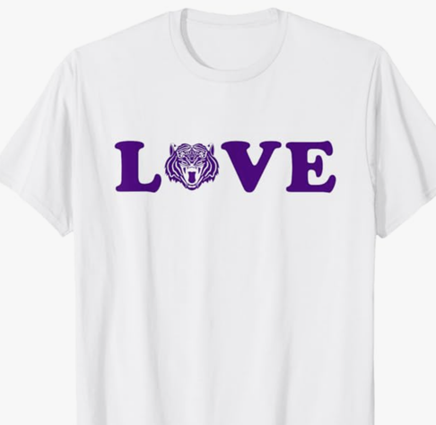 Our tiger love design is shown in purple on a white T shirt, perfect gift for a tiger fan.