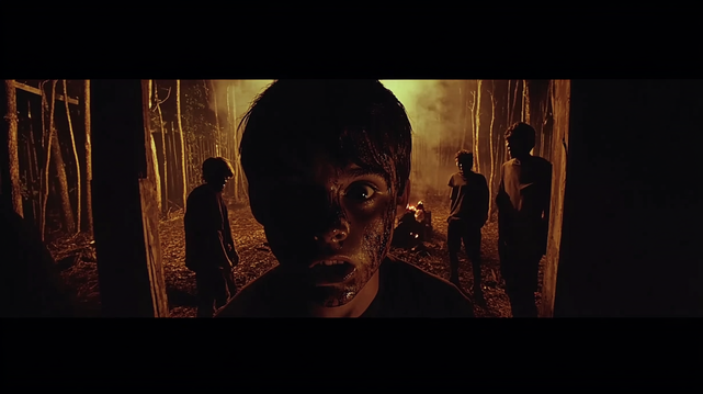 Cassettes Perdues 1995
Image fixe troublante dans une forêt embrasée, montrant un garçon couvert de boue devant un feu et des silhouettes inquiétantes.
Disturbing still in a blazing forest, showing a mud-covered boy before a fire and ominous silhouettes.