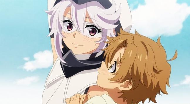 Screenshot from SHY.
Shy in her hero outfit with a hood is smiling warmly while holding a blushing young boy.