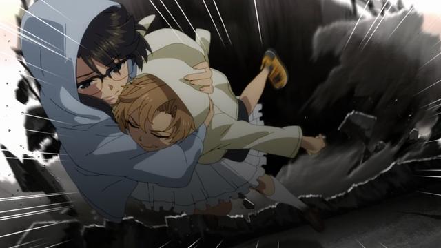 Screenshot from SHY.
Teru in a hooded outfit is seen protecting a younger boy by shielding him with her body as they leap away from a massive explosion or shockwave. Debris and speed lines emphasize the intense motion and danger of the moment.