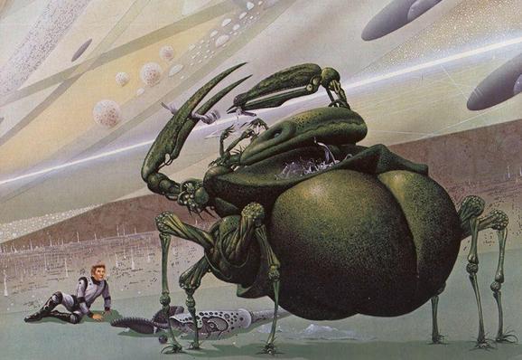 illustration by Jim Burns of a giant insect from behind with a thick booty. A person is lying on the ground in front of it. the bug is destroying some kind of machinery