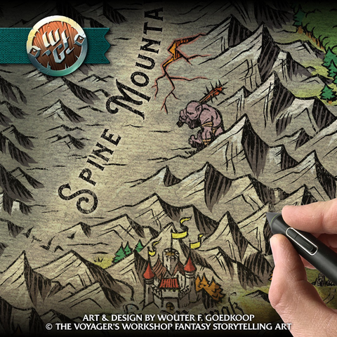 Closeup of a fantasy map featuring a large keep and an other wandering in between a range of mountains.