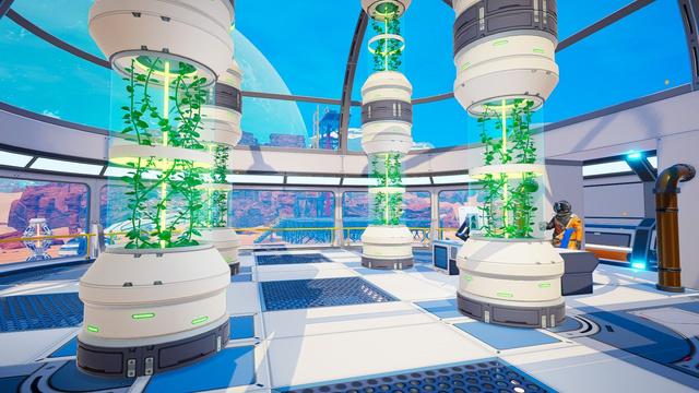 Picture of our biodome in the game Planet Crafter. Huge capsules containing plants. My partner's character is at the computer.