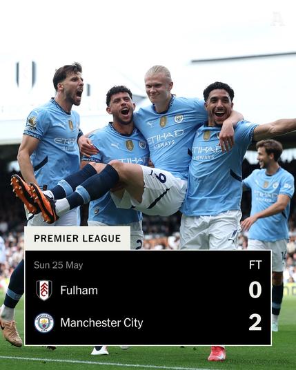 Erling Haaland is lifted by his teammates after scoring a penalty in Manchester City's 2-0 win over Fulham at Craven Cottage.