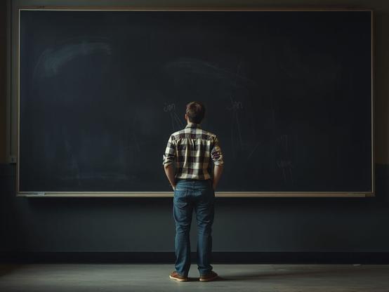 A person is staring at a blackboard