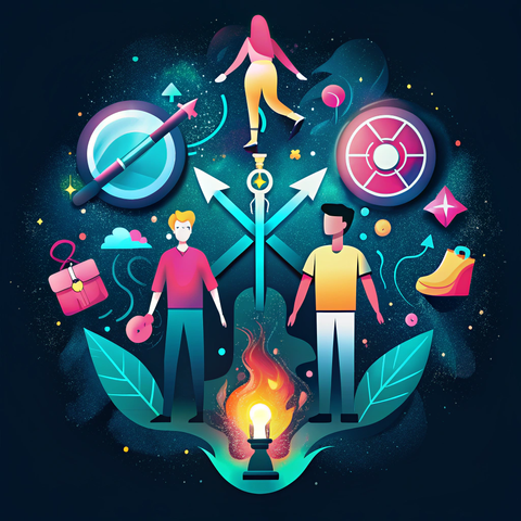 Illustration mit symbolischem Charakter: Zwei stilisierte Personen stehen links und rechts neben einem brennenden Licht in einer Flamme, das aus einer Schachfigur hervorgeht. Über ihnen kreuzen sich drei Pfeile, die nach oben zeigen – eine dritte Person balanciert auf dem mittleren Pfeil. Um sie herum schweben verschiedene Symbole wie ein Bleistift in einer Zielscheibe, ein Rucksack, ein Turnschuh, ein Zahnrad, Wolken und Pfeile, die Bewegung und Entwicklung andeuten. Die Farbpalette ist leuchtend und kontrastreich mit Türkis, Pink und Gelb. Die Szene vermittelt den Eindruck von Entscheidungsfindung, Selbstfindung und Bildungswegen.