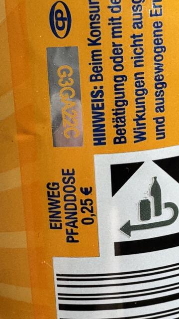 Pfandangabe auf einer orangefarbenen Softdrinkdose 0,25€
Weiter (in Teilen) Barcode, Recyclingsymbol, Text.