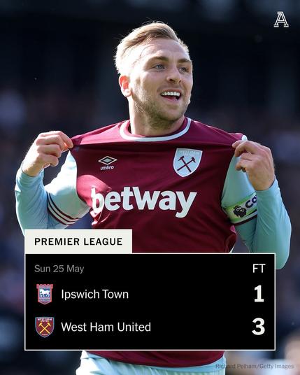 Jarrod Bowen celebrates after scoring for West Ham United in their 3-1 final day win over Ipswich Town at Portman Road.