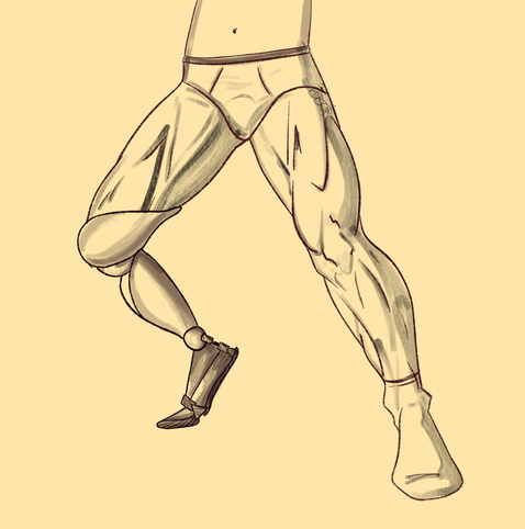 Lower half of a male-type body, underwear and socks in attendance.

Muscly legs in a fighting stance, left leg forward, right leg, a prosthetic, in rear profile view.

Attempt at shading are shown, but not competently.