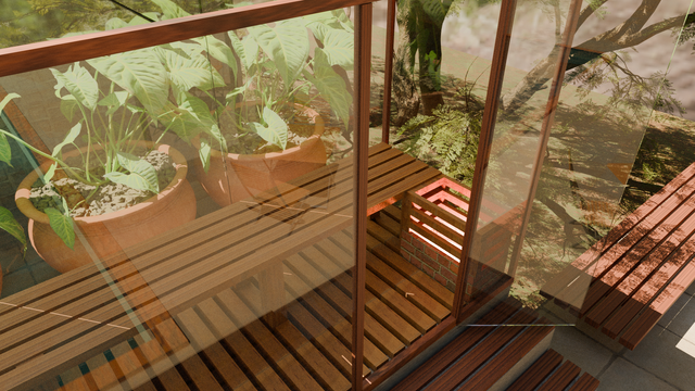 a wooden structure contains an all-glass sauna with one long bench.  A glass door is opened.  Hearing system comes from below the structure with just the top part above the soil, surrounded by bricks, with a wooden protection over it.