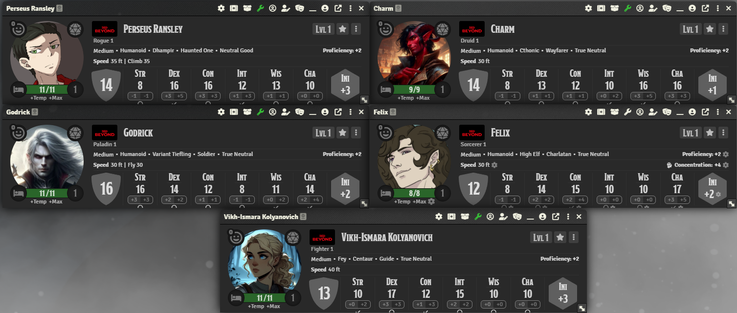 Foundry screenshot of level 1 character sheets