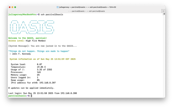 MOTD from a ssh login that is ready player one themed (user is parzival, server is oasis, with adafruit quotes api and system info)
