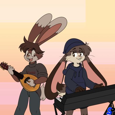 Two anthropomorphic rabbits playing music together, looking at each other with glee.