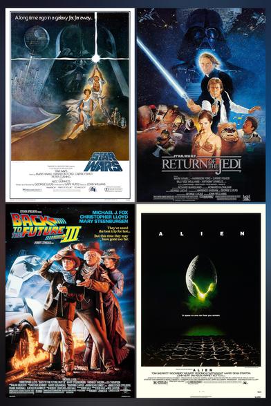 Looking at the image clock wise, posters for:

Star Wars: Episode IV - A New Hope (1977)
Star Wars: Episode VI - Return of the Jedi (1983)
Alien (1979)
Back to the Future Part III (1990)