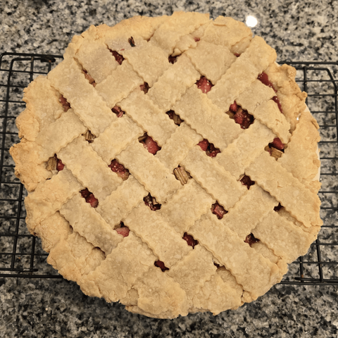 picture of a lattice fruit pie from above