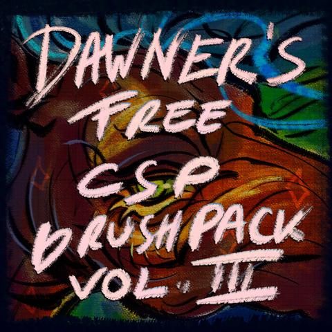 A brush cover for a free Clip Studio Paint brush pack that has written on it: "Dawner's Free CSP Brush Pack Vol. 3".