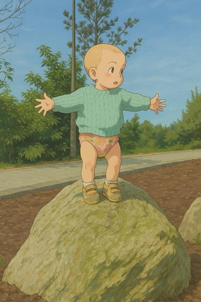Toddler standing on a rock in a park in the summer