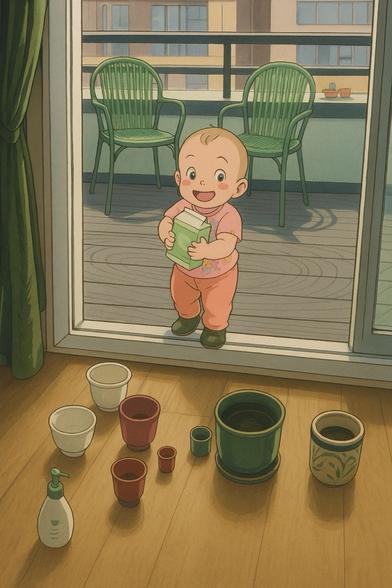 Toddler at a balcony doorway with plant pots on the floor inside