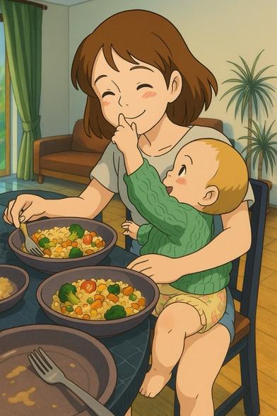 Happy woman feeding a toddler at a dining table