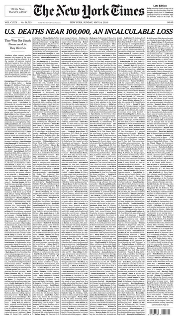 NEW YORK TIMES (2020): U.S. DEATHS NEAR 100,000, AN INCALCULABLE LOSS