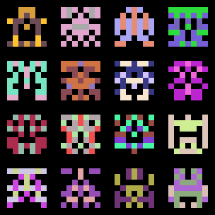 a 4x4 grid of multicolored 7x7 pixel aliens a la space invaders