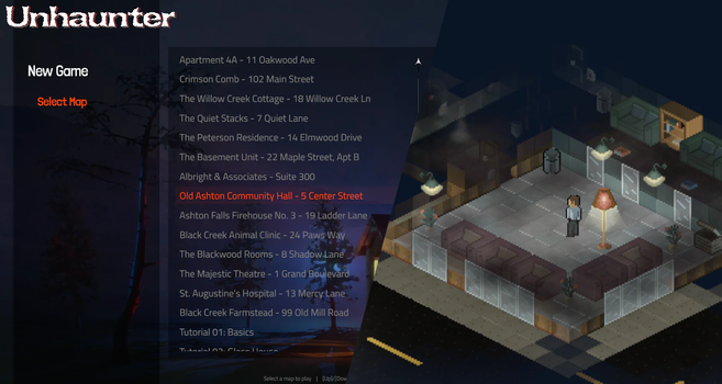 demo screen of Unhaunter - menu on the left, gameplay on the right