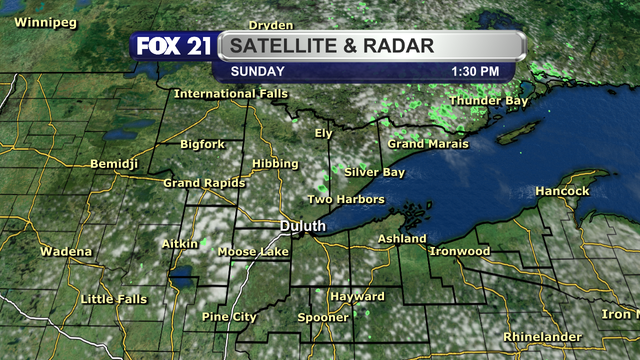 The satellite and radar over the Northland at 1:30 p.m. on Sunday, May 25, 2025, shows daytime heating cumulus clouds forming across the region, with the clearest skies along the South Shore, North Shore, and Rainy River Basin regions.  A few showers are forming in the Arrowhead, I-35 corridor, and Hayward regions, but it's unknown from just the radar if the showers are reaching the ground.