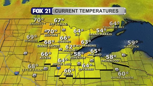 Temperatures in the Northland just after 1 p.m. on May 25, 2025, range from 54 to 70 degrees Fahrenheit.  The 50s and low 60s are being observed along Lake Superior.