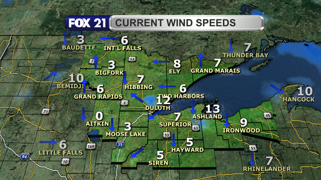 Wind speeds in the Northland just after 1 p.m. on May 25, 2025, range from calm to 13 mph.  Wind direction is primarily from the north and northeast.