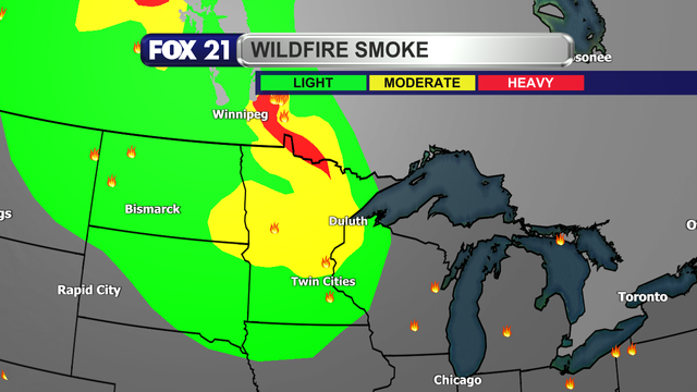Wildfire smoke levels across the Northland as of the early afternoon of May 25, 2025, are moderate for most locations, with heavy smoke in the International Falls area, and light in the Arrowhead, and most of northwest Wisconsin.  This smoke is from wildfires burning northeast of Winnipeg, with a northerly flow in the atmosphere pushing it across the U.S./Canadian border.  Air quality levels are at good levels, meaning the smoke is remaining elevated in the atmosphere and not blowing down to the surface.