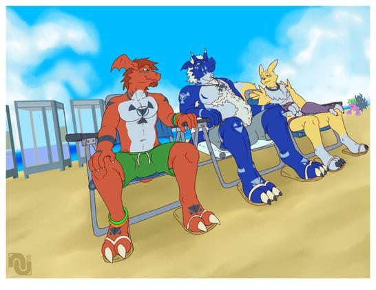 Guilmon (Kulbara) wearing green shorts, Growlmon (MTT3) wearing silver shorts, and Renamon (Altered) wearing a purple speedo. All relaxing on a beach in the Digital World, sitting in beach chairs. In the background are the ocean, a few Japanese telephone booths, and Shellmon in the distance.