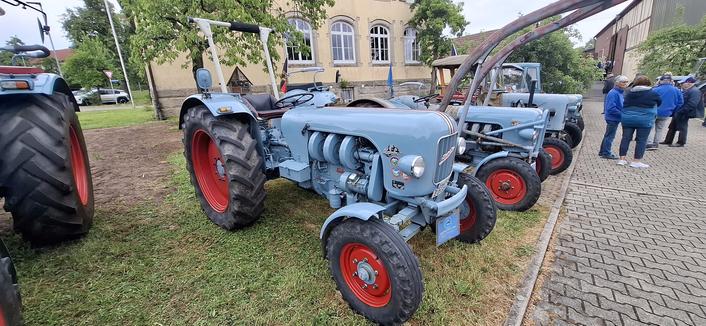 A row of classic Eicher tractors on a lawn. People in blue farmer clothing chatting in the driveway. A Eicher Mammut truck in the center.