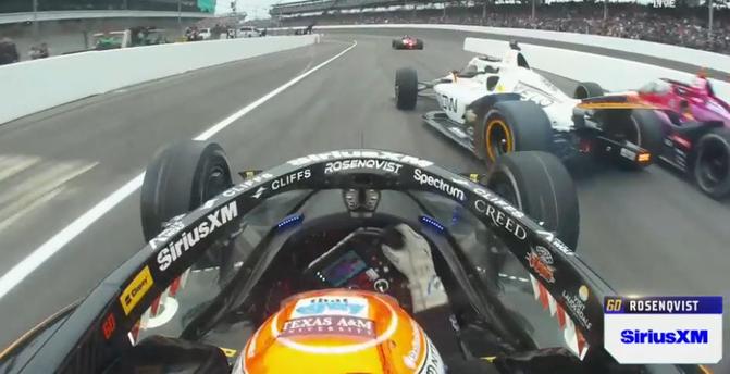 View from the cockpit of Felix Rosenqvist's IndyCar leaving pit-lane and nearly avoiding a collision.