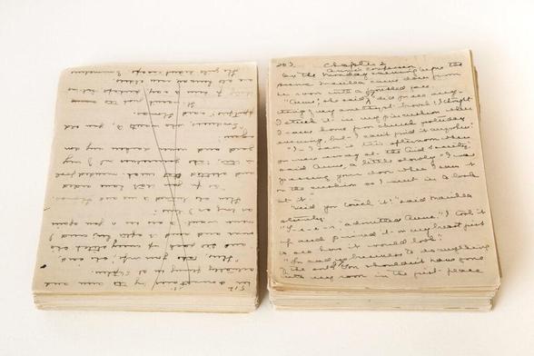 The image shows two stacks of handwritten pages, likely from an old manuscript or notebook. The pages are yellowed and show signs of age, with some creases and discoloration. The handwriting is in cursive, with ink that has darkened over time, suggesting the pages are quite old. The text is densely written, with no visible headings or titles, and the pages are filled with text from top to bottom. The left stack has a visible crack running through the middle, indicating some damage. The right stack is labeled "Chapter 2" at the top, suggesting it is part of a larger work. The text appears to be in English, with some words underlined, possibly for emphasis or correction. The pages are bound together, with the edges slightly frayed, and the overall condition suggests they have been preserved for a long time.

Provided by @altbot, generated privately and locally using Ovis2-8B