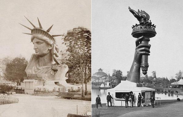 Left: Statue of Liberty prototype on display at the 1878 Exposition Universelle, Paris; photograph by Albert Ferique, ca. 1883. [Wikimedia] Right: Model of the torch of the Statue of Liberty on display at the 1876 Centennial Exhibition, Philadelphia. [Wikimedia]