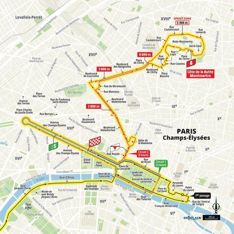 Karte Teilansicht Stadtplan Paris mit Strecke Tour de France 2025.