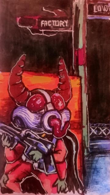 A painting of a bipedal "beetle" in soldier uniform and a gas mask holding a gun and leaning against a wall. There's a sign pointing to a "FACTORY" and another one in the opposite direction with the text "LOW".