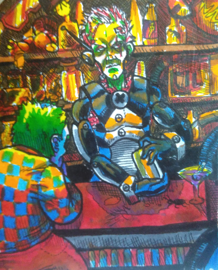 A painting of the main character sitting at a bar and facing a cyborg butler who is preparing a drink. There's an insect on the bar and another in one of the bottles behind the butler. One of the bottles has a ghost image on its label.