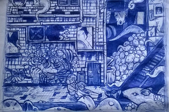 A ballpoint pen drawing of a back alley area. Tentacles and a rat can be seen in the foreground. The main character is shown struggling to pull an unconscious man. There are tentacles and a building in the background, with graffiti of a cyborg and several broken windows.