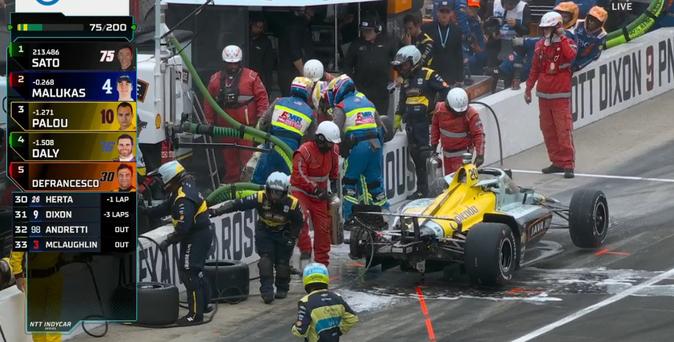 Safety team surround the pit crew refueller who suffered burns as the race car sits near by in a puddle of water and flame retardant spray.