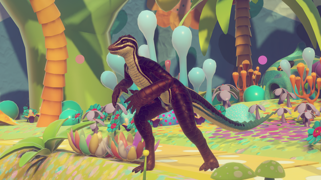 A picture taken in VRChat, it depicts a side profile of a coffee-coloured anthropomorphic skink lizard with a happy grin on its snout striking a prowling pose while looking intently at something outside the frame amid a vibrant, cartoony, psychedelic tropical landscape.