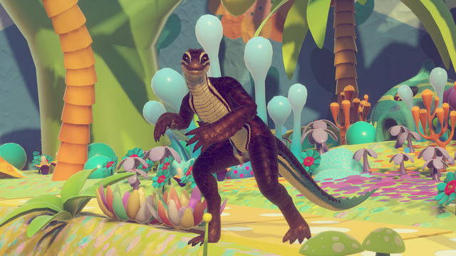 A picture taken in VRChat, it depicts a side profile of a coffee-coloured anthropomorphic skink lizard with a happy, contented grin on its snout striking a prowling pose while looking squarely at the viewer amid a vibrant, cartoony, psychedelic tropical landscape.