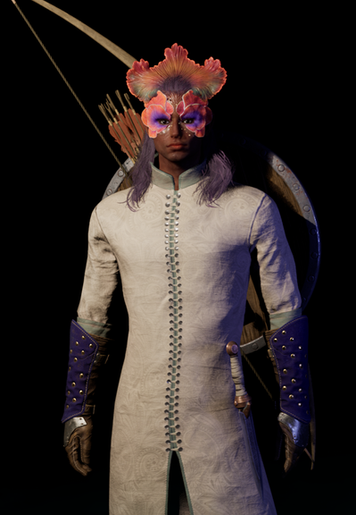 A tall person with fungal growths on their head, radiating out from their eyes, and crowning their head. 
they have long purple hair, and are wearing a white robe. A shield, bow, and arrows are strapped to their back, while a short sword rests on their left hip.