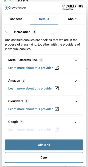 Usercentrics Cookiebot cookie consent form which declares cookies from Meta, Amazon, CloudFlare, Google, and TikTok as "Unclassified" with no controls available.