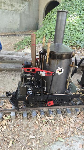 A shot of the 7 1/2 inch gauge vertical boiler steam locomotive from the side