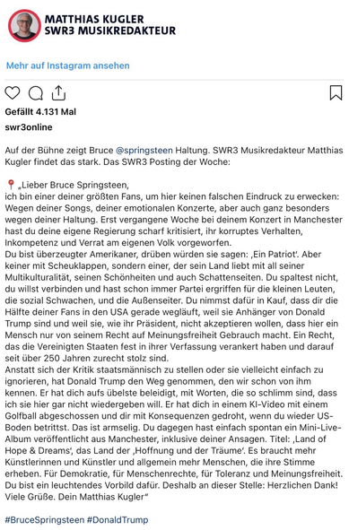 Screenshot von Instagram. Statement von Matthias Kugler SWR3 Redakteur zur Haltung von Bruce Springsteen zu Trump