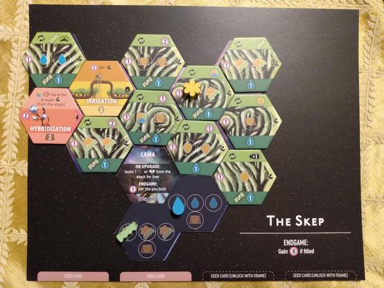 Photograph of one player's hive mat at the end of a game of Apiary.  On it have been built: the "Hybridization" development tile (which allows you to build more farms), the "Irrigation" carving tile (which gives you more victory points for your farms), and nine farm tiles.