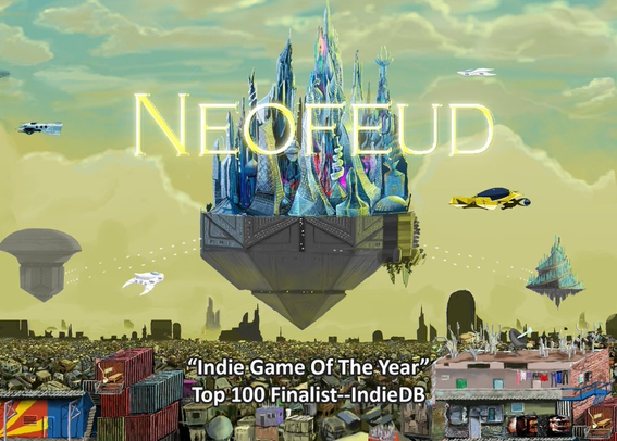 Neofeud title screen of floating palace over slum