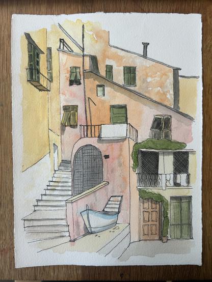 Watercolor and ink painting of a jumble of buildings in Orange, yellow, and pink with a stairway leading up the side and a boat resting on the ground at the bottom