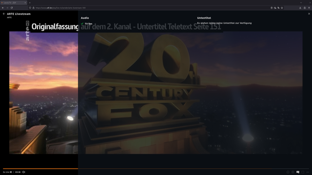 Screenshot aus ZDF Live-Stream für Arte. Einblendung "Originalfassung auf dem 2. Kanal" und aufgeklappte Spracheinstellungen: Kein 2. Kanal vorhanden.